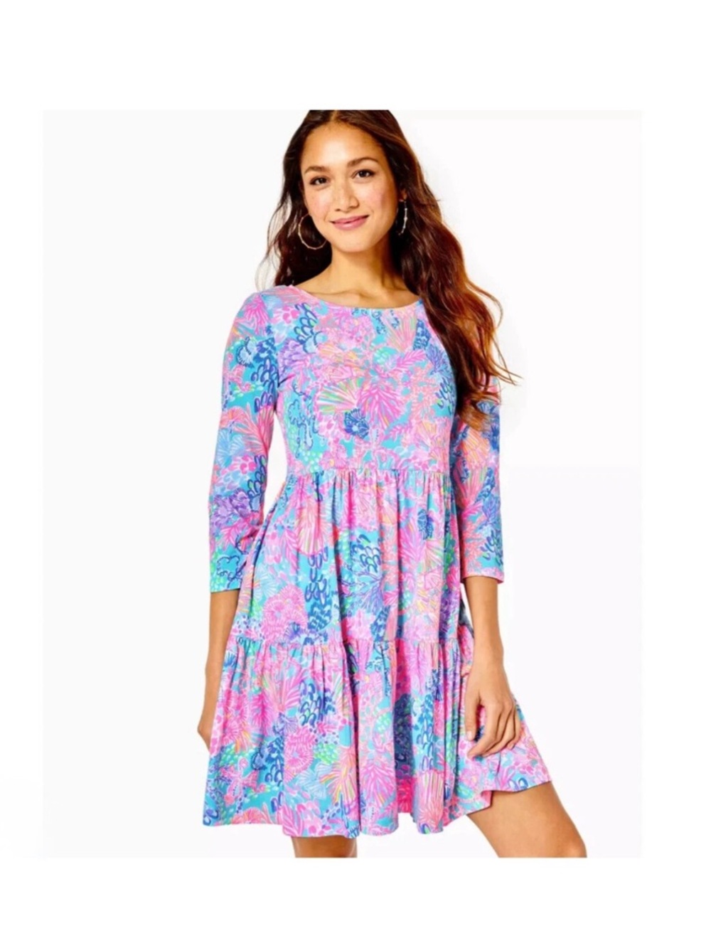 Lilly Pulitzer Geanna Dress Multi Splendor in the Sand Tiered Long Sleeve Sz M
